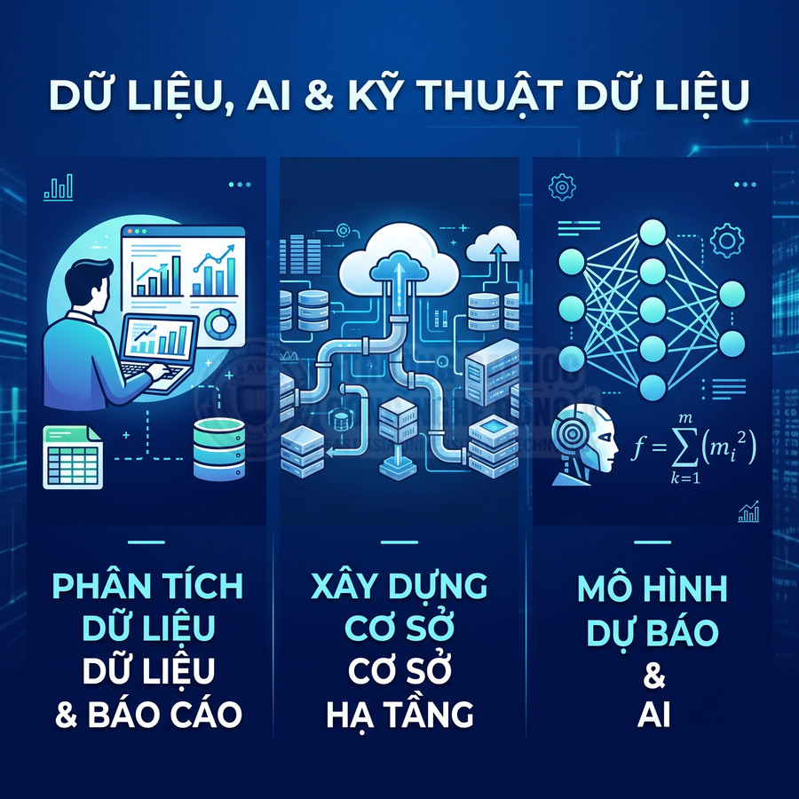 Minh họa dịch vụ dữ liệu AI gồm phân tích dữ liệu, xây dựng hạ tầng và mô hình dự báo trí tuệ nhân tạo