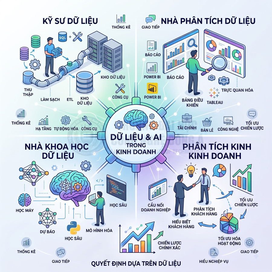 Infographic vai trò dữ liệu và AI trong kinh doanh với kỹ sư dữ liệu, nhà khoa học dữ liệu và nhà phân tích kinh doanh