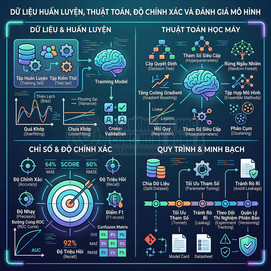 Infographic tiếng Việt về dữ liệu huấn luyện, thuật toán, độ chính xác và quy trình đánh giá mô hình học máy
