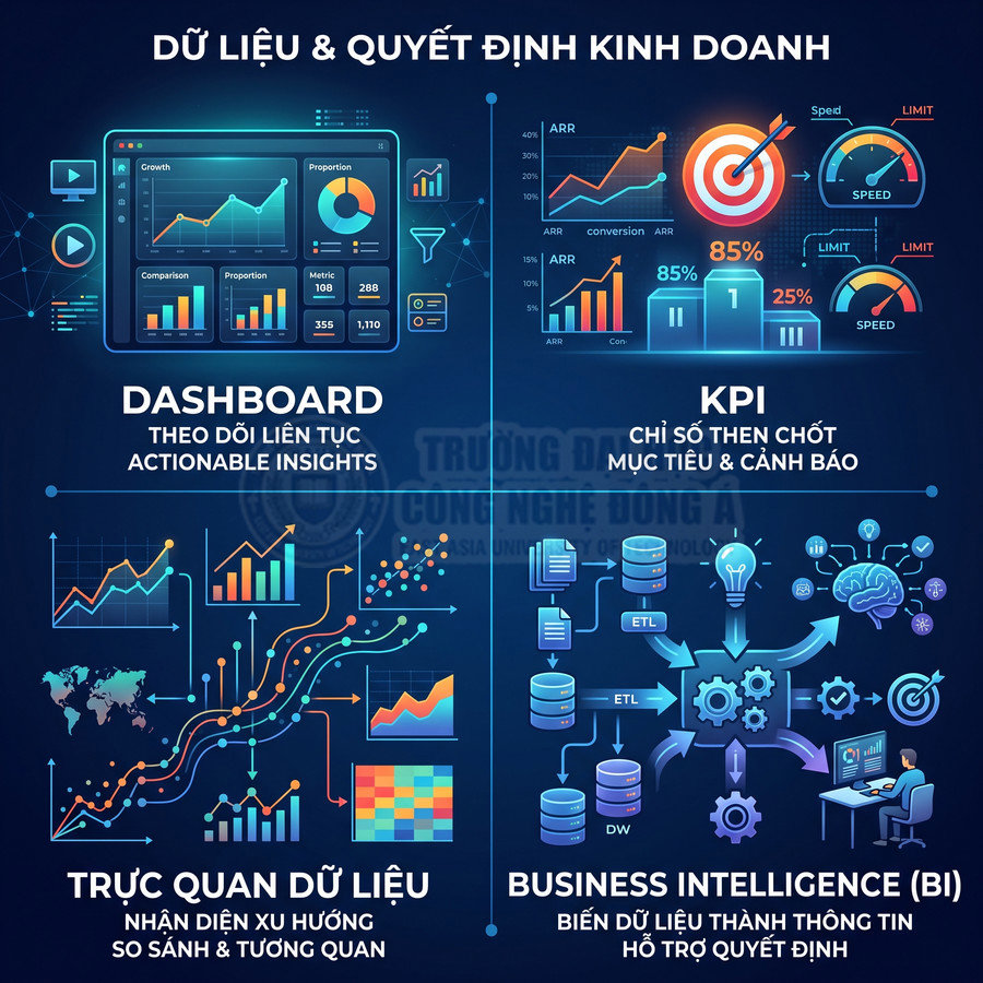 Minh họa dashboard, KPI, trực quan dữ liệu và business intelligence trong phân tích dữ liệu kinh doanh