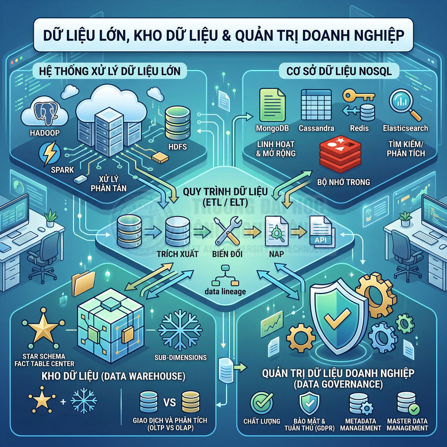 Mô hình minh họa hệ thống big data, kho dữ liệu, ETL và quản trị dữ liệu doanh nghiệp bằng icon trực quan