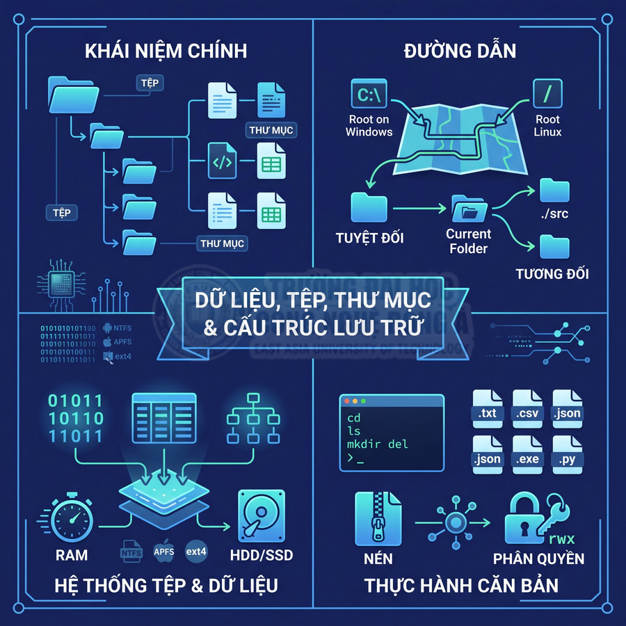 Infographic về dữ liệu, tệp, thư mục, đường dẫn, hệ thống tệp và phân quyền trong lưu trữ máy tính