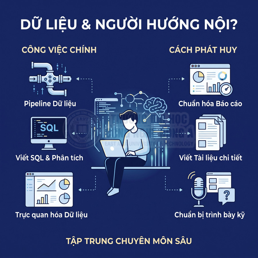 Minh họa người làm việc với dữ liệu, SQL, trực quan hóa và báo cáo, phù hợp người hướng nội tập trung chuyên môn