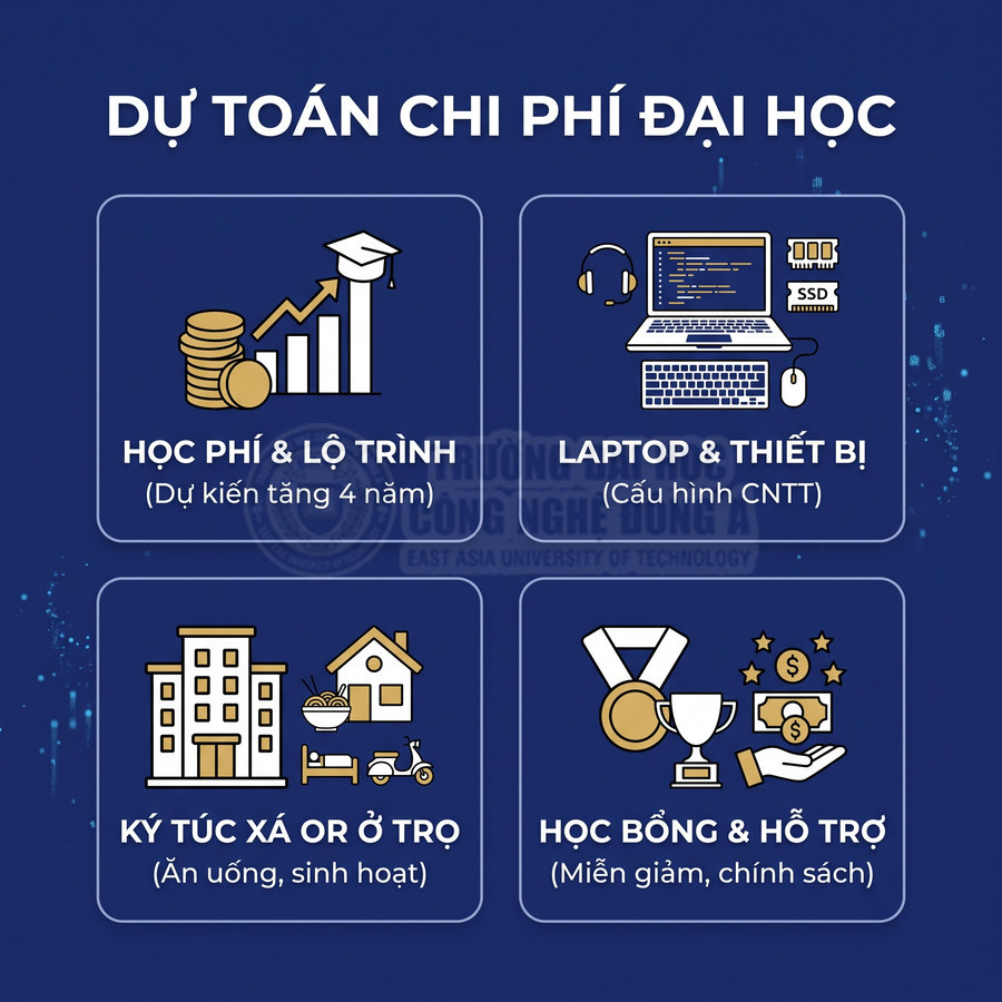 Dự toán chi phí đại học gồm học phí, laptop, ký túc xá hoặc ở trọ và các gói học bổng hỗ trợ