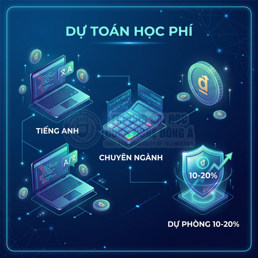 Minh họa dự toán học phí với laptop học tiếng Anh, chuyên ngành, máy tính và khoản dự phòng 10 đến 20 phần trăm