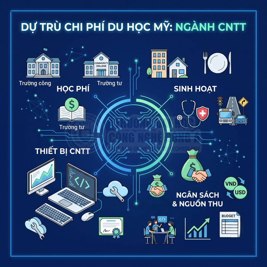 Infographic dự trù chi phí du học Mỹ ngành CNTT gồm học phí, sinh hoạt, thiết bị công nghệ và ngân sách nguồn thu