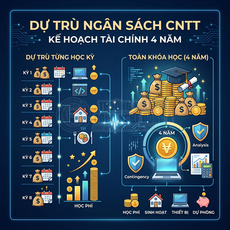Infographic kế hoạch tài chính 4 năm ngành CNTT với học phí, sinh hoạt, thiết bị học tập và quỹ dự phòng