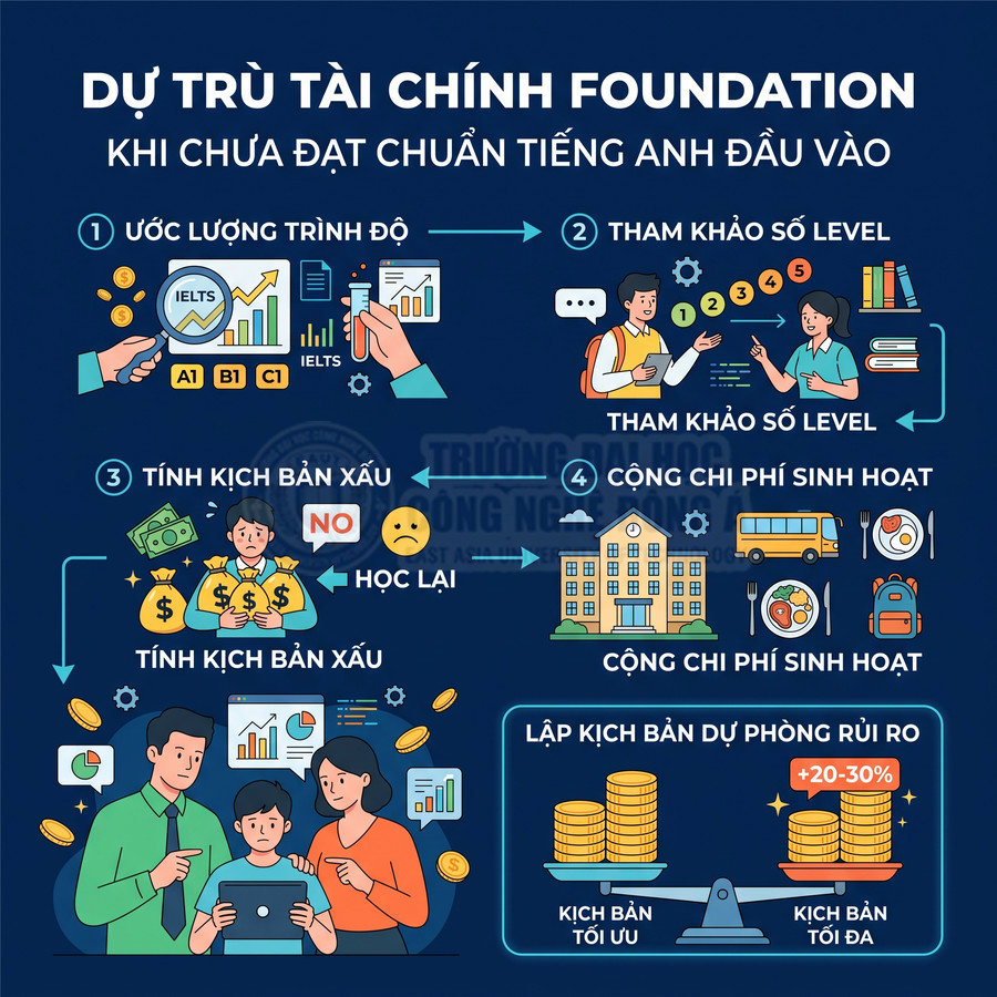 Infographic dự trù tài chính Foundation khi chưa đạt chuẩn tiếng Anh đầu vào, gồm các bước ước lượng trình độ và chi phí