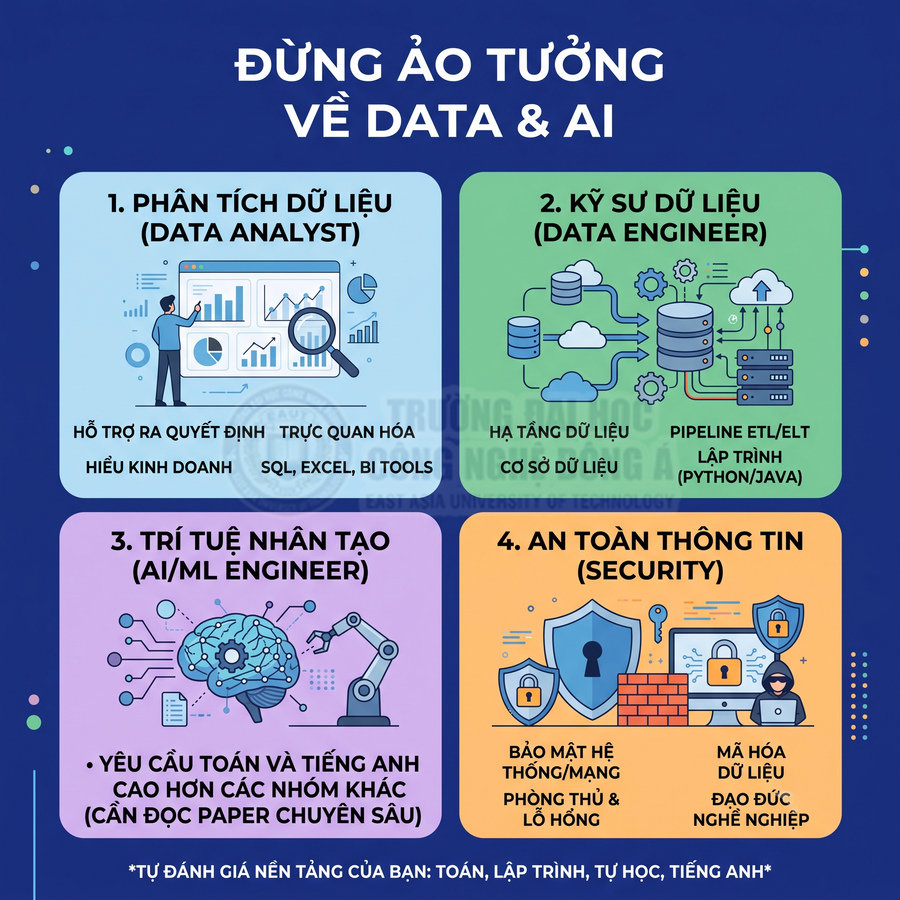 Infographic giới thiệu các nhóm ngành nghề về data, AI, an toàn thông tin và kỹ năng cần thiết