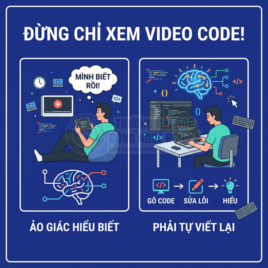 So sánh học lập trình chỉ xem video với tự gõ code sửa lỗi để hiểu sâu, minh họa lập trình viên trước màn hình
