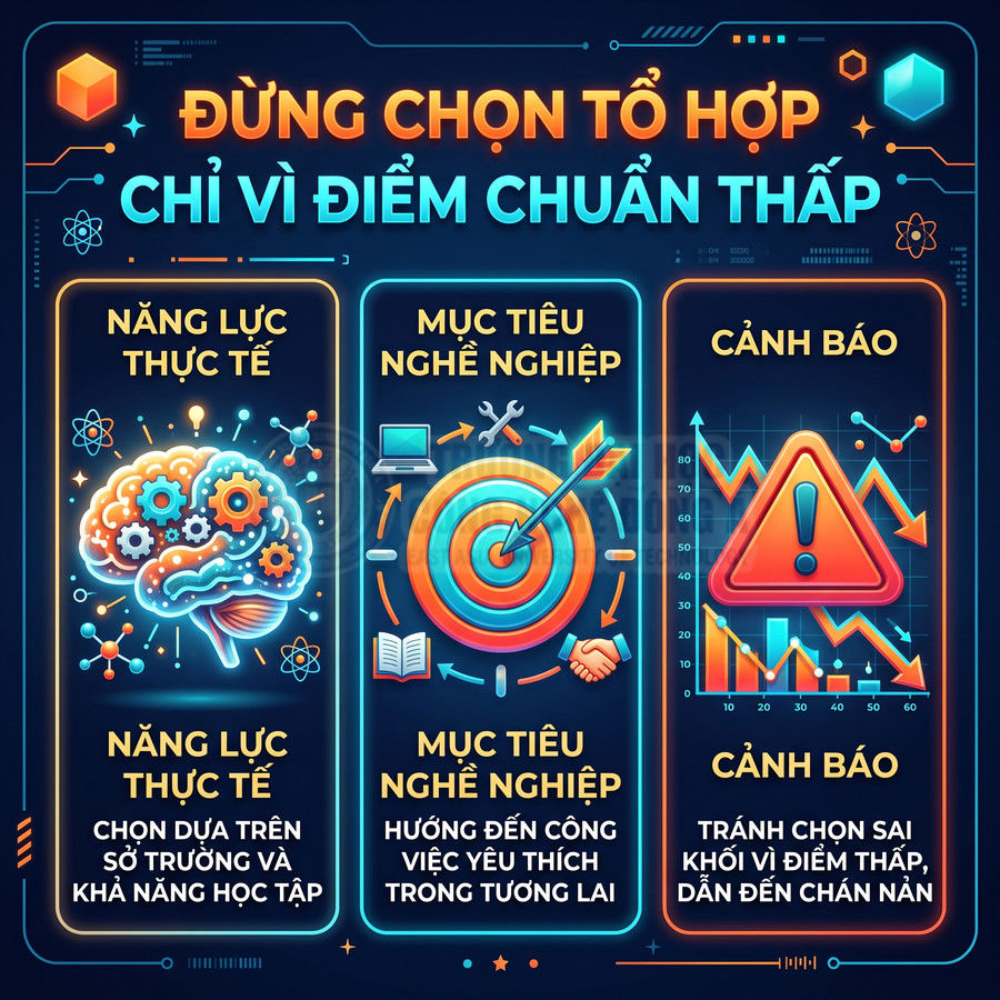 Infographic tư vấn chọn tổ hợp môn học theo năng lực thực tế, mục tiêu nghề nghiệp và cảnh báo tránh chọn vì điểm chuẩn thấp