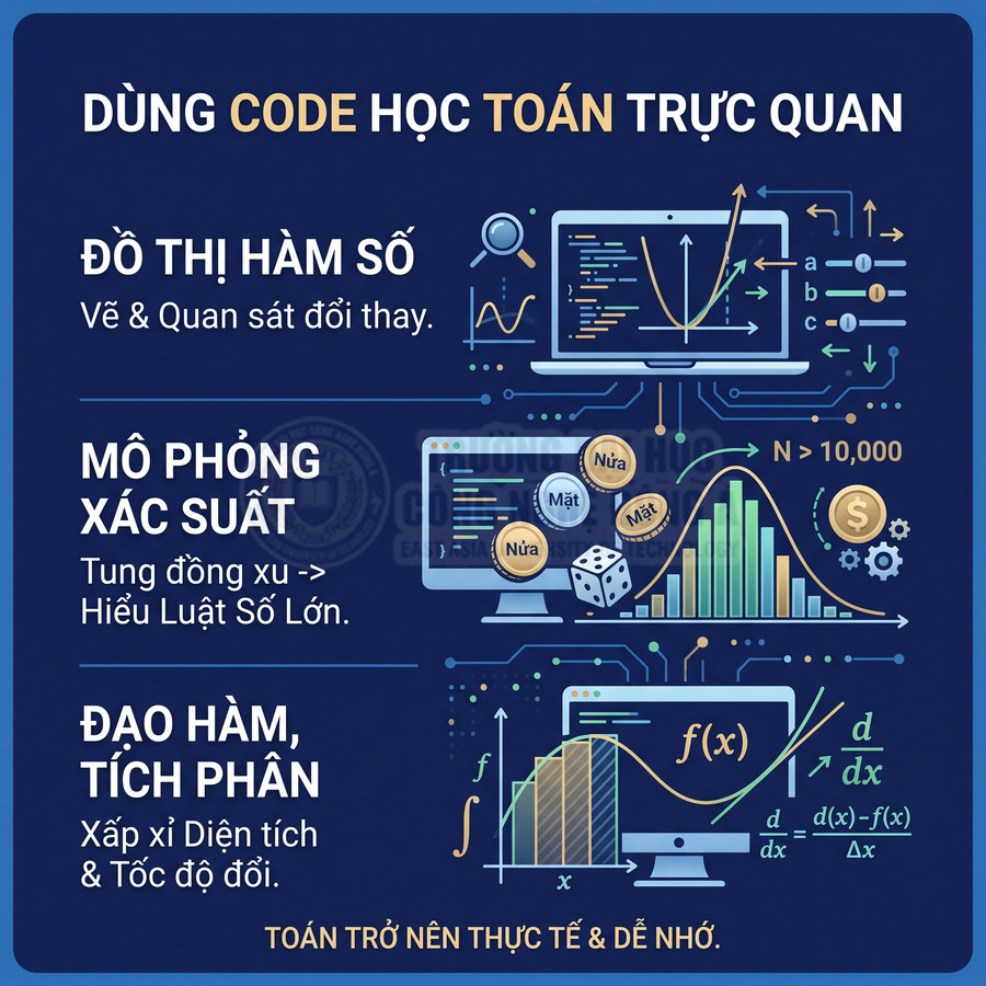 Poster dùng code học toán trực quan với đồ thị hàm số, mô phỏng xác suất và bài tập đạo hàm tích phân