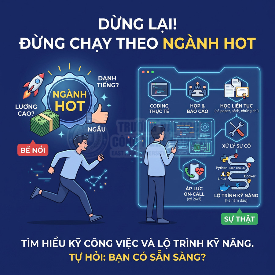 Minh họa so sánh ngành hot hào nhoáng và thực tế công việc IT với coding, xử lý sự cố, học liên tục