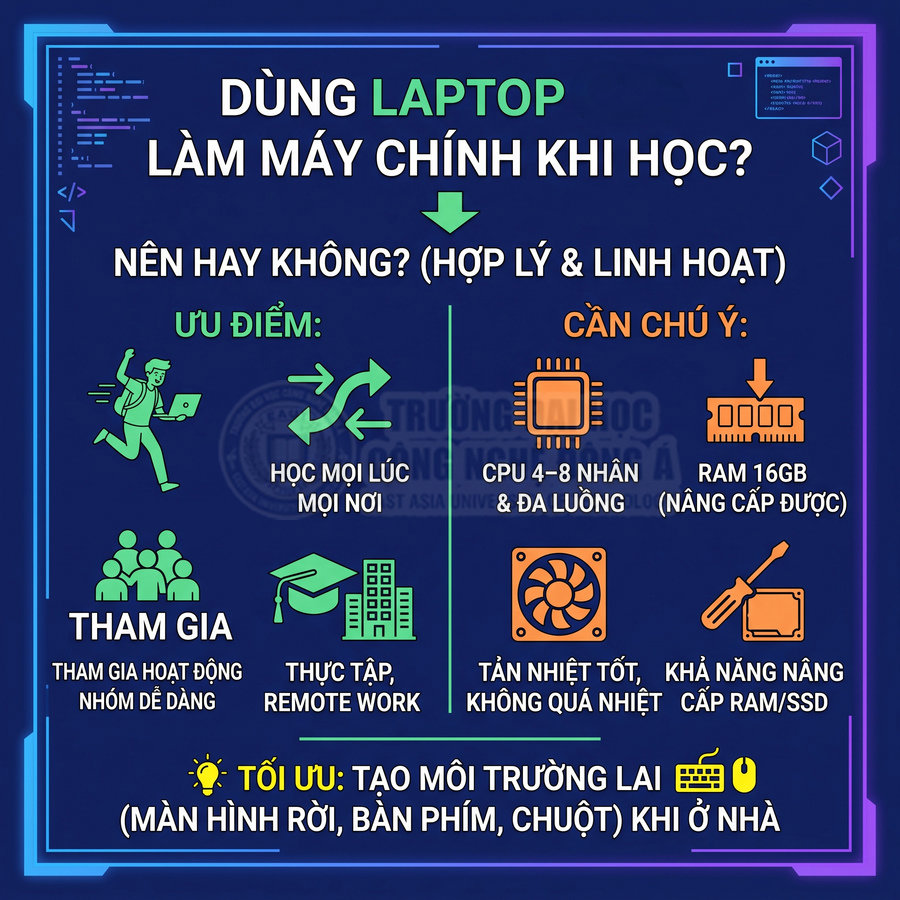 Infographic tư vấn dùng laptop làm máy chính khi học, nêu ưu điểm và cấu hình cần chú ý cho sinh viên