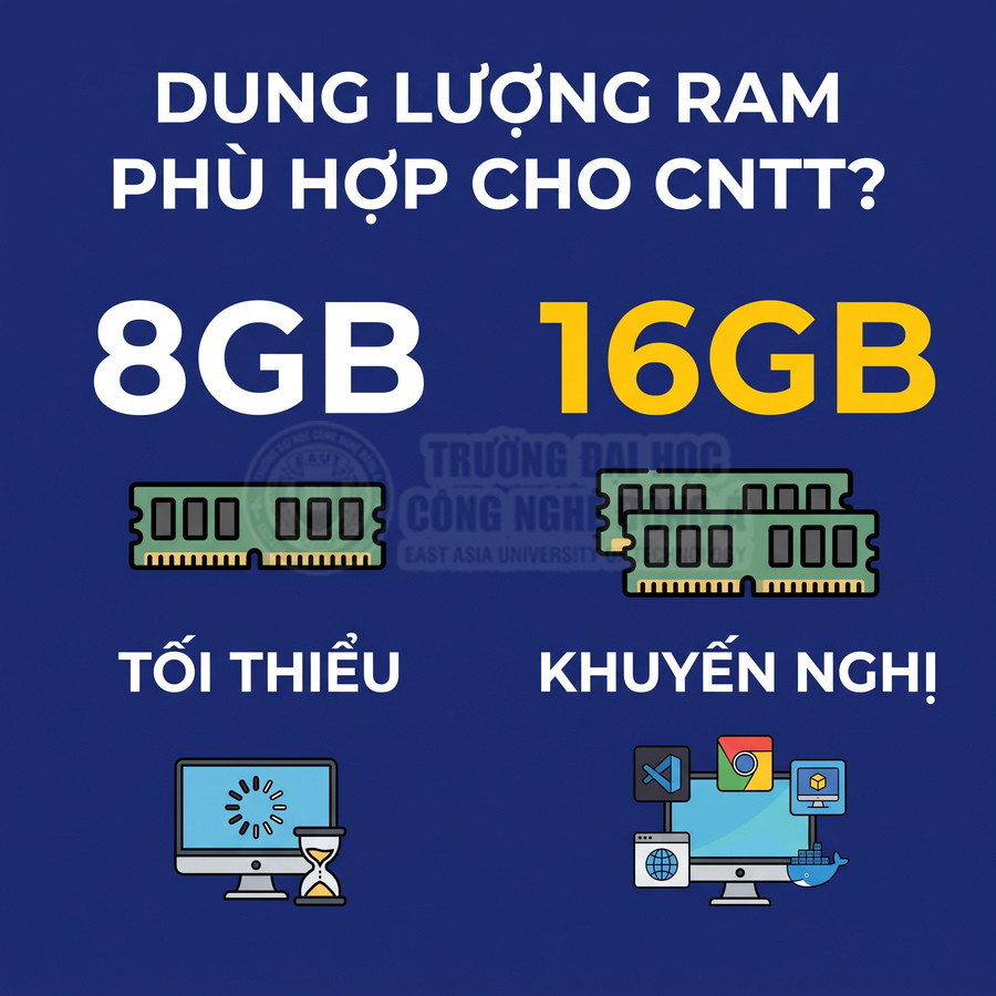 So sánh dung lượng RAM cho ngành CNTT với thanh RAM 8GB tối thiểu và 16GB được khuyến nghị