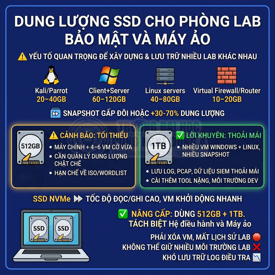 Infographic dung lượng SSD 512GB và 1TB cho phòng lab bảo mật, so sánh nhu cầu máy ảo và khuyến nghị SSD NVMe