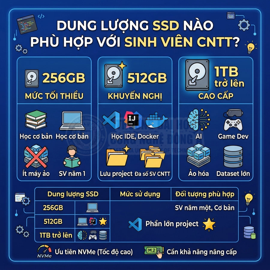 Infographic tư vấn chọn dung lượng SSD 256GB 512GB 1TB cho sinh viên công nghệ thông tin