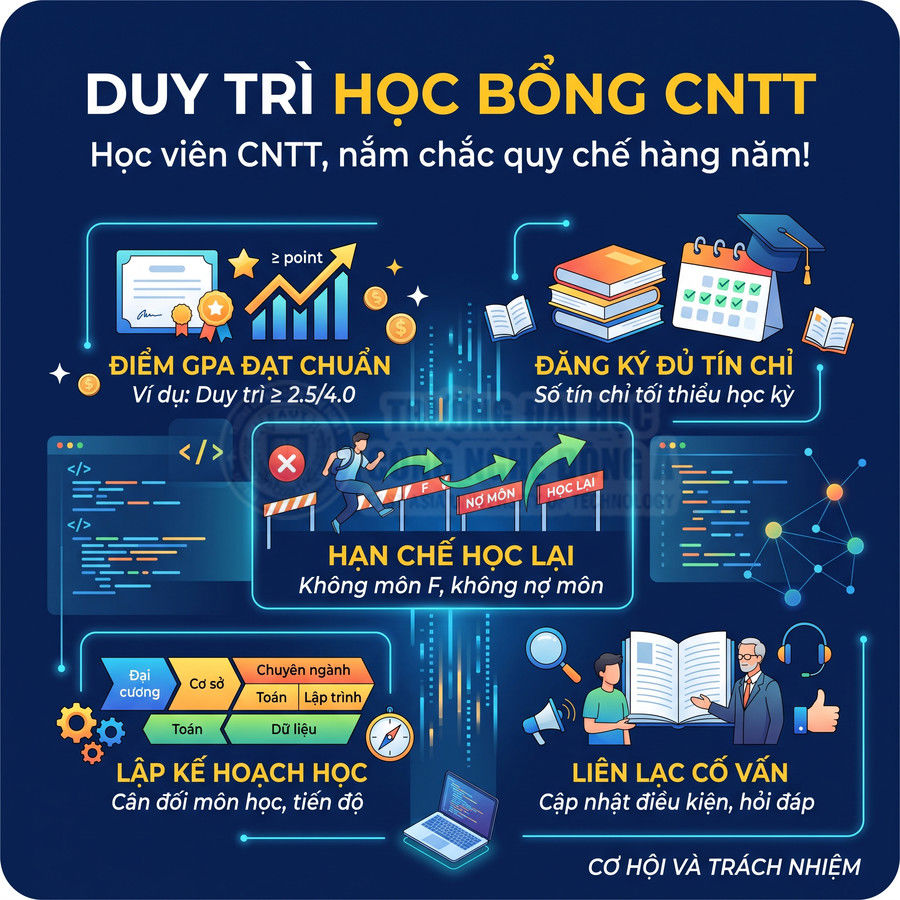 Infographic hướng dẫn duy trì học bổng CNTT với yêu cầu GPA, tín chỉ, hạn chế học lại, lập kế hoạch và liên lạc cố vấn