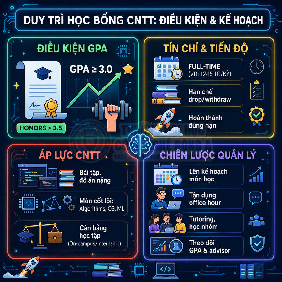 Infographic điều kiện duy trì học bổng CNTT với yêu cầu GPA, tín chỉ, áp lực ngành và chiến lược quản lý học tập