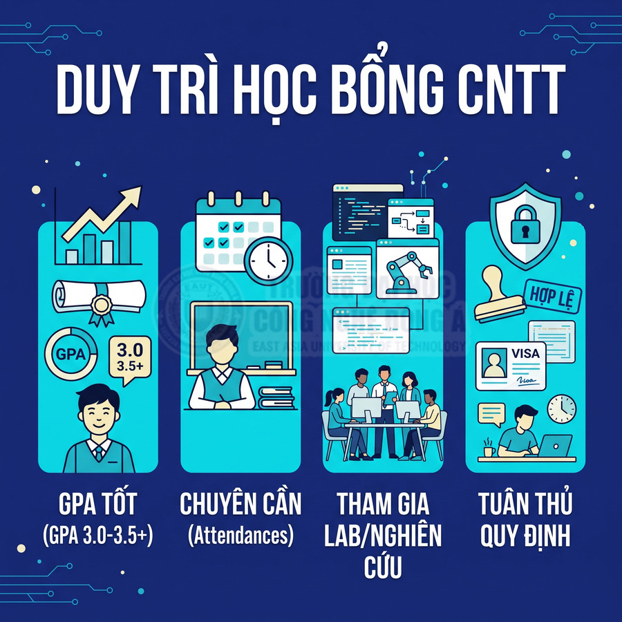 Hướng dẫn duy trì học bổng CNTT với yêu cầu GPA tốt, chuyên cần, tham gia lab nghiên cứu và tuân thủ quy định