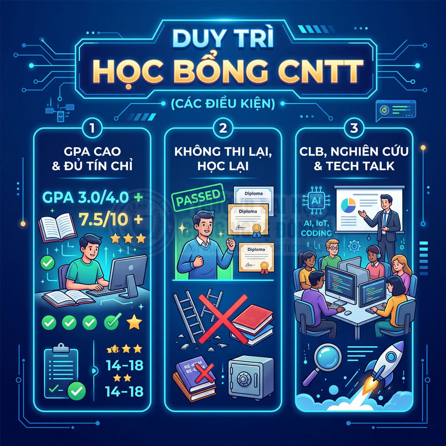 Infographic điều kiện duy trì học bổng CNTT với GPA cao, không thi lại và tham gia CLB nghiên cứu, tech talk