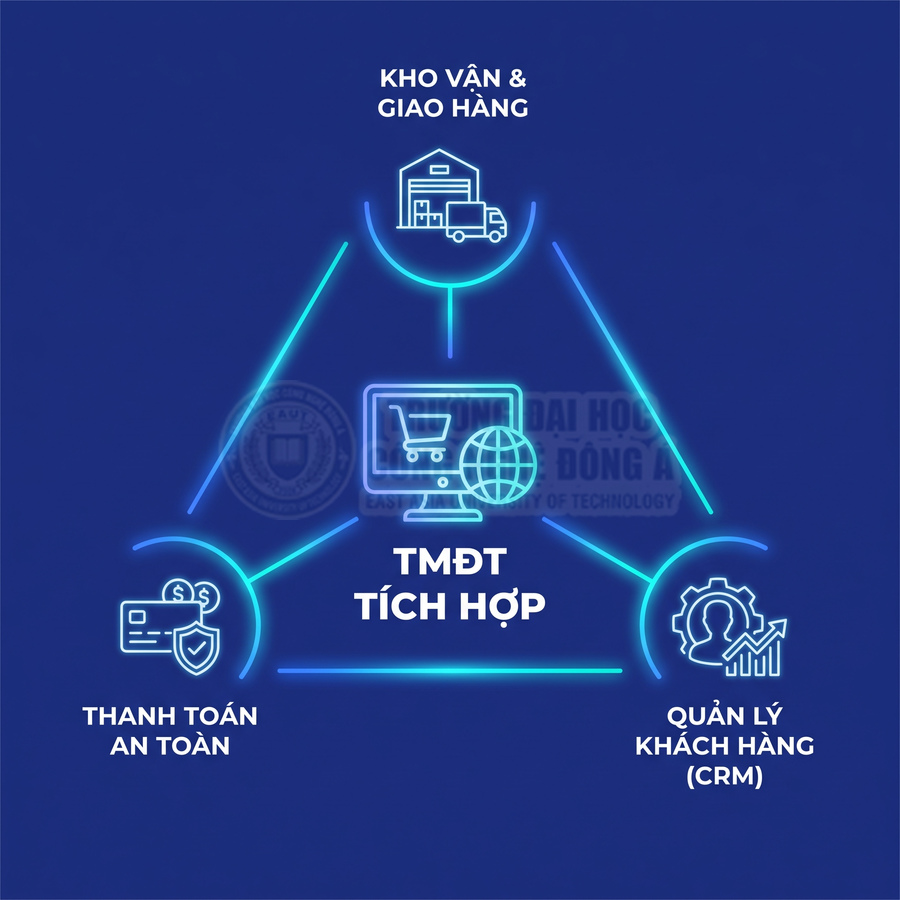 Sơ đồ thương mại điện tử tích hợp kho vận giao hàng, thanh toán an toàn và quản lý khách hàng CRM