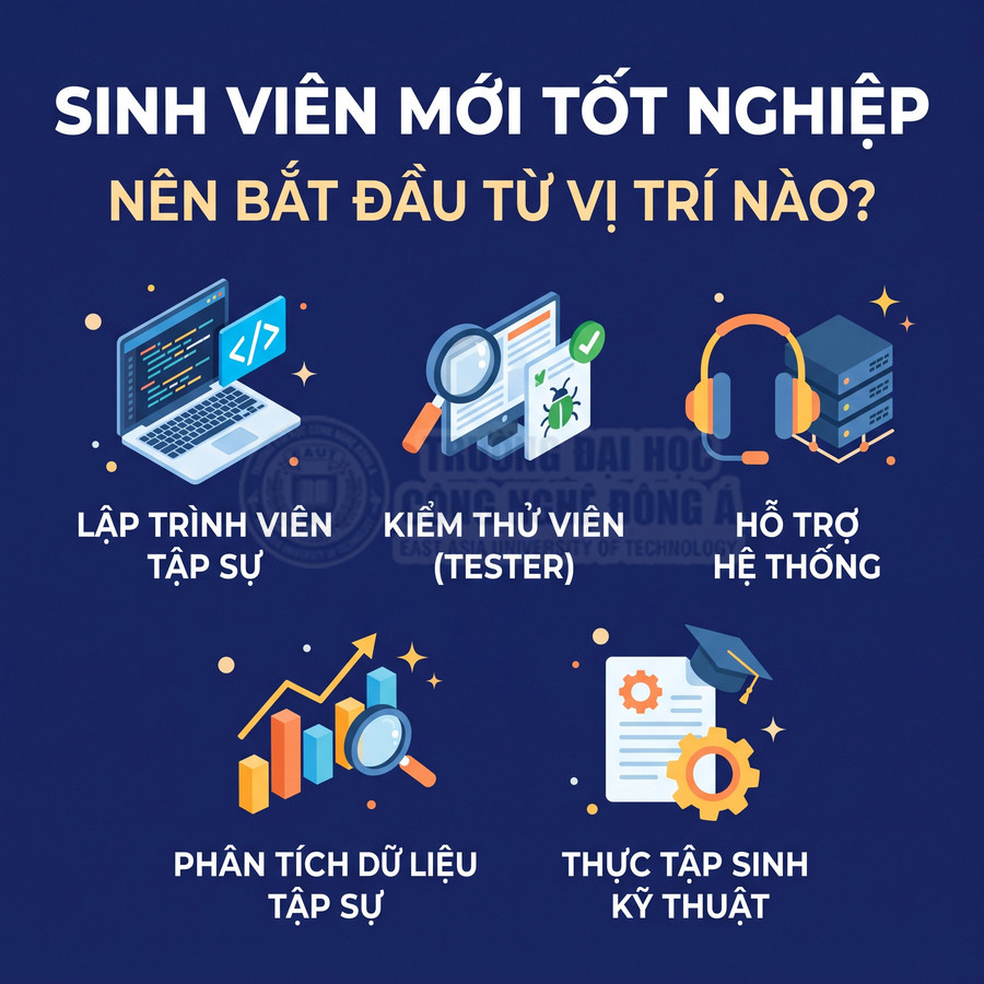Các vị trí cho sinh viên mới tốt nghiệp gồm lập trình viên tập sự, kiểm thử viên, hỗ trợ hệ thống, phân tích dữ liệu và thực tập kỹ thuật