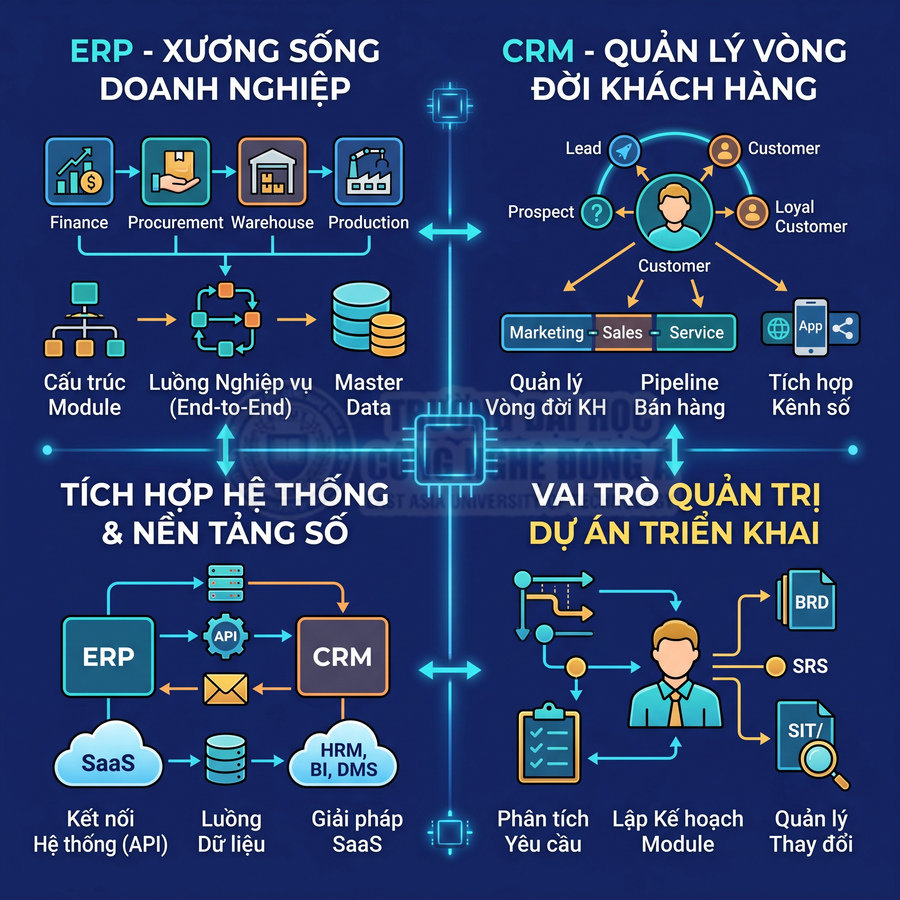 Mô hình minh họa hệ thống ERP, CRM, tích hợp nền tảng số và vai trò quản trị dự án triển khai doanh nghiệp