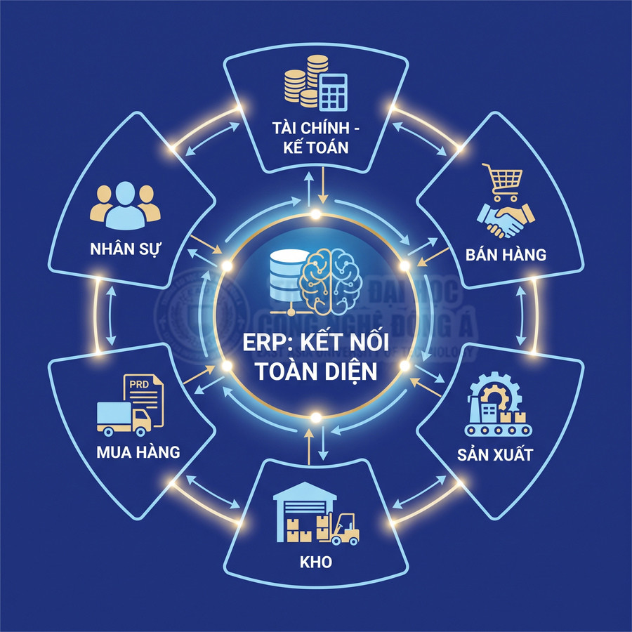 Sơ đồ ERP kết nối tài chính kế toán, nhân sự, bán hàng, sản xuất, kho và mua hàng.