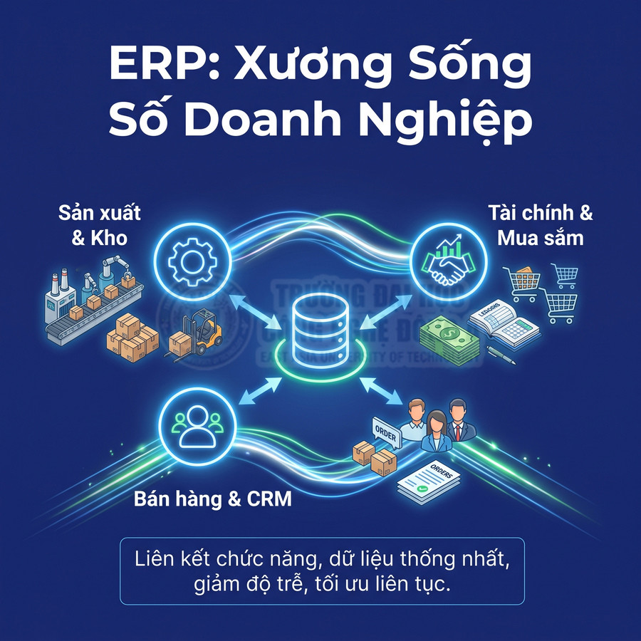 Hệ thống ERP kết nối sản xuất kho tài chính mua sắm và bán hàng CRM qua dữ liệu tập trung