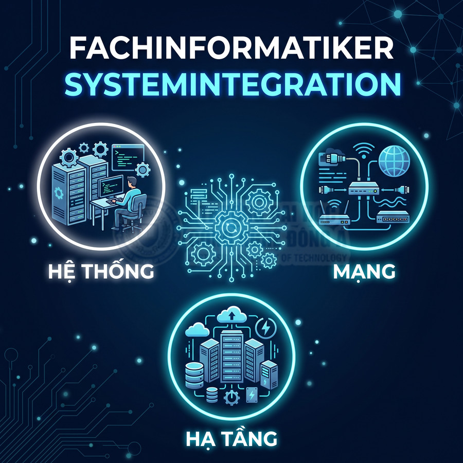 Minh họa ngành Fachinformatiker Systemintegration với các mảng hệ thống, mạng và hạ tầng công nghệ thông tin