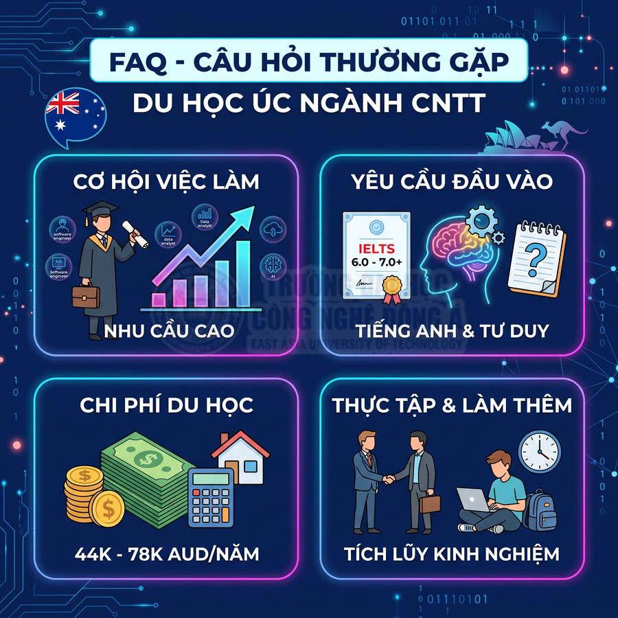 Infographic FAQ du học Úc ngành CNTT về cơ hội việc làm, yêu cầu đầu vào, chi phí và thực tập tích lũy kinh nghiệm