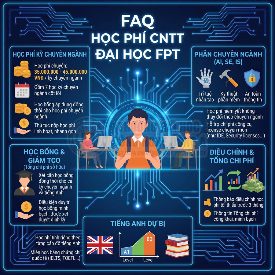 Infographic FAQ học phí ngành CNTT Đại học FPT với thông tin học bổng, chuyên ngành và tiếng Anh dự bị