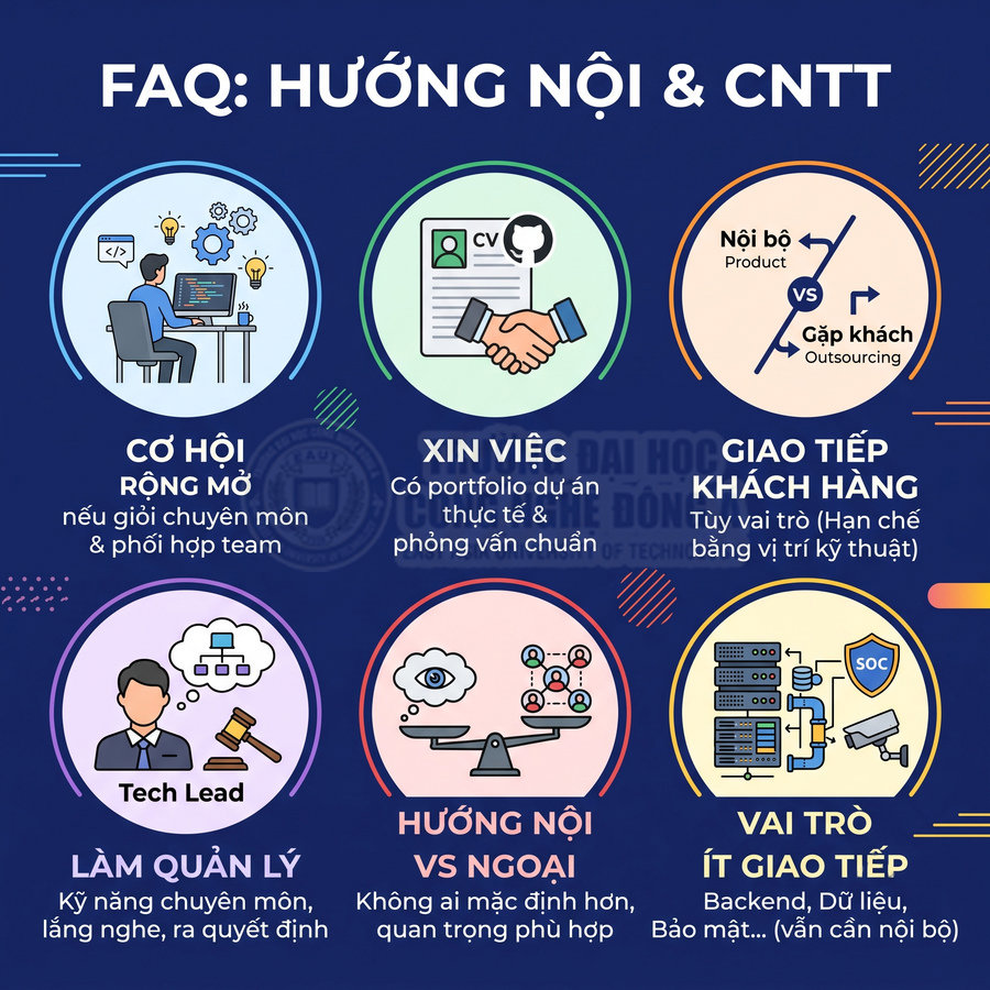 Infographic FAQ hướng nội trong ngành CNTT với cơ hội nghề nghiệp, xin việc, giao tiếp khách hàng và vai trò ít giao tiếp
