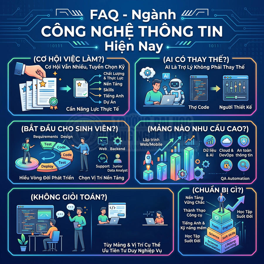 Infographic FAQ ngành công nghệ thông tin, cơ hội việc làm, kỹ năng cần có và các mảng IT đang có nhu cầu cao