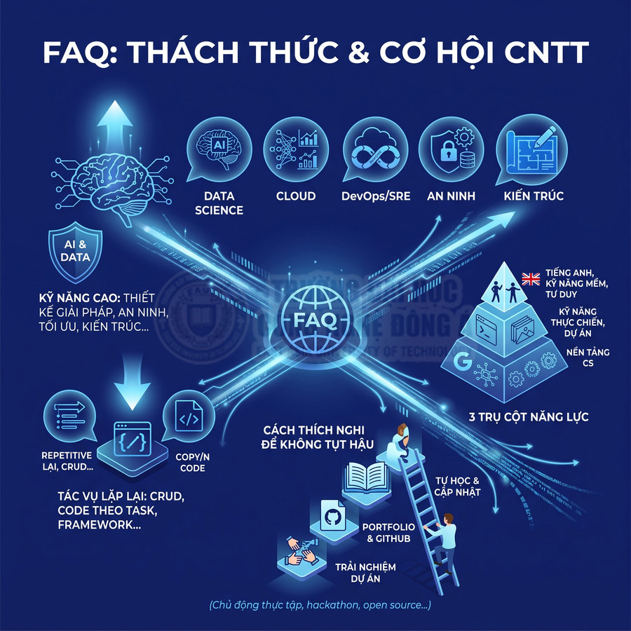 Infographic thách thức và cơ hội ngành CNTT, kỹ năng AI, data, cloud, DevOps, an ninh mạng và định hướng phát triển