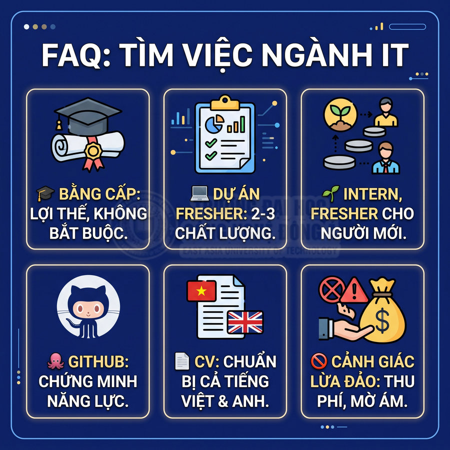 Infographic FAQ tìm việc ngành IT với lời khuyên về bằng cấp, dự án fresher, intern, GitHub, CV và cảnh giác lừa đảo