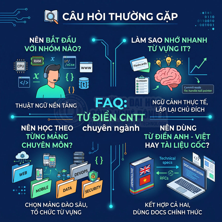 FAQ từ điển CNTT chuyên ngành với minh họa học từ vựng IT, tài liệu gốc, web, mobile, data, devops, security
