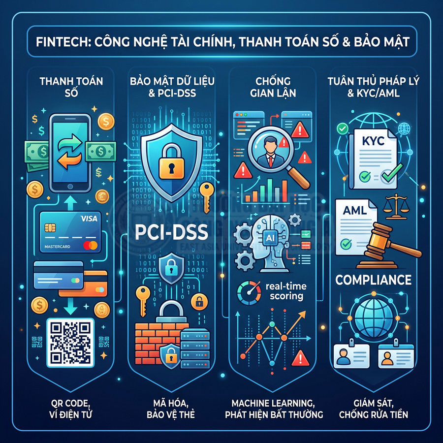 Minh họa giải pháp fintech về thanh toán số, bảo mật PCI DSS, chống gian lận và tuân thủ KYC AML