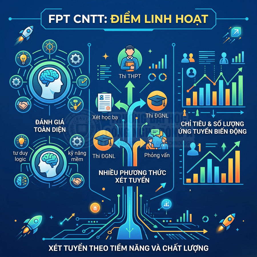 Infographic tuyển sinh ngành CNTT FPT với nhiều phương thức xét tuyển và đánh giá toàn diện thí sinh