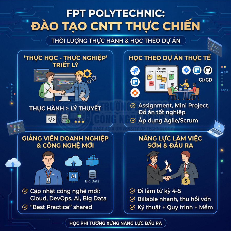 Poster giới thiệu chương trình đào tạo CNTT thực chiến tại FPT Polytechnic với triết lý học qua dự án