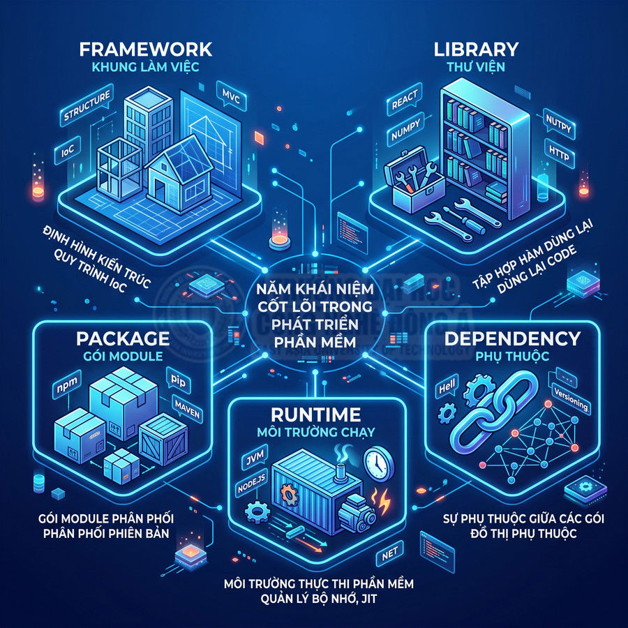 Minh họa các khái niệm framework, library, package, runtime, dependency trong phát triển phần mềm