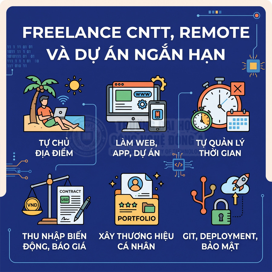 Infographic giới thiệu lợi ích làm freelance CNTT remote như tự chủ địa điểm, làm web app, quản lý thời gian, xây dựng thương hiệu cá nhân