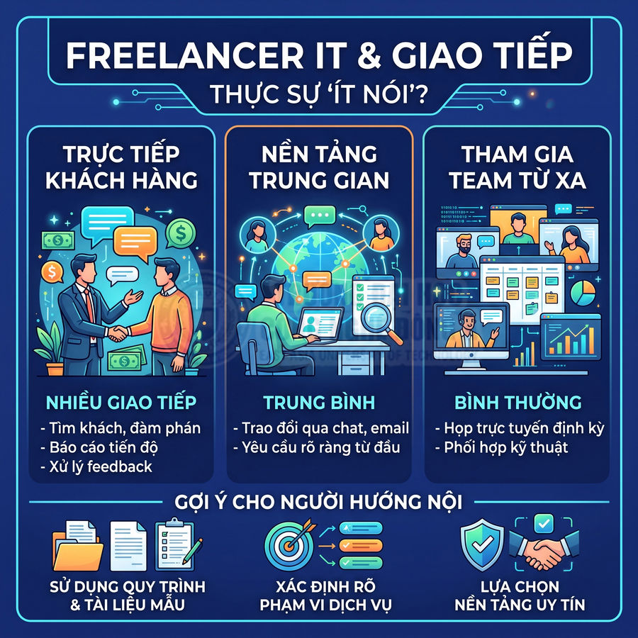 Infographic so sánh hình thức làm việc freelancer IT và gợi ý giao tiếp cho người hướng nội