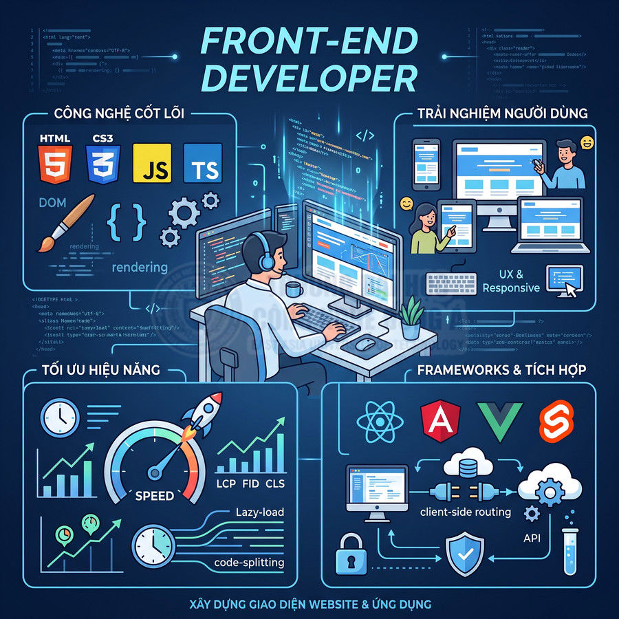 Minh họa lập trình viên front end làm việc với HTML CSS JavaScript TypeScript và các framework tối ưu giao diện web