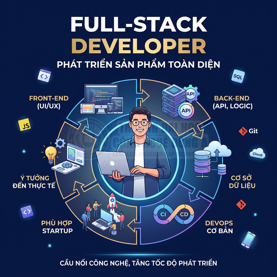 Minh họa lập trình viên full stack với laptop, mô tả kỹ năng front end, back end, cơ sở dữ liệu và DevOps
