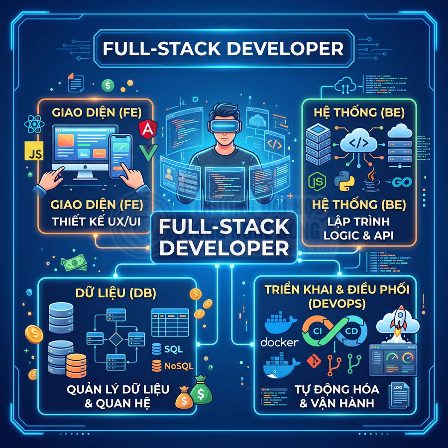 Mô tả công việc full stack developer gồm giao diện FE, backend BE, cơ sở dữ liệu DB và triển khai DevOps