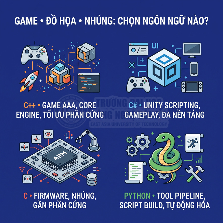 Infographic so sánh ngôn ngữ lập trình C, C++, C Sharp, Python cho game, đồ họa và lập trình nhúng