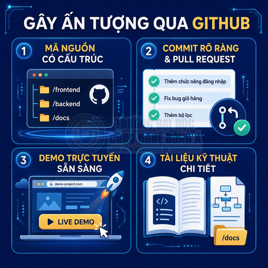 Hướng dẫn gây ấn tượng qua GitHub với mã nguồn cấu trúc, commit rõ ràng, demo trực tuyến và tài liệu kỹ thuật chi tiết
