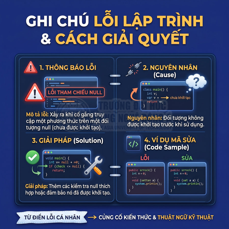 Infographic ghi chú lỗi lập trình tham chiếu null, nguyên nhân, giải pháp và ví dụ mã sửa lỗi